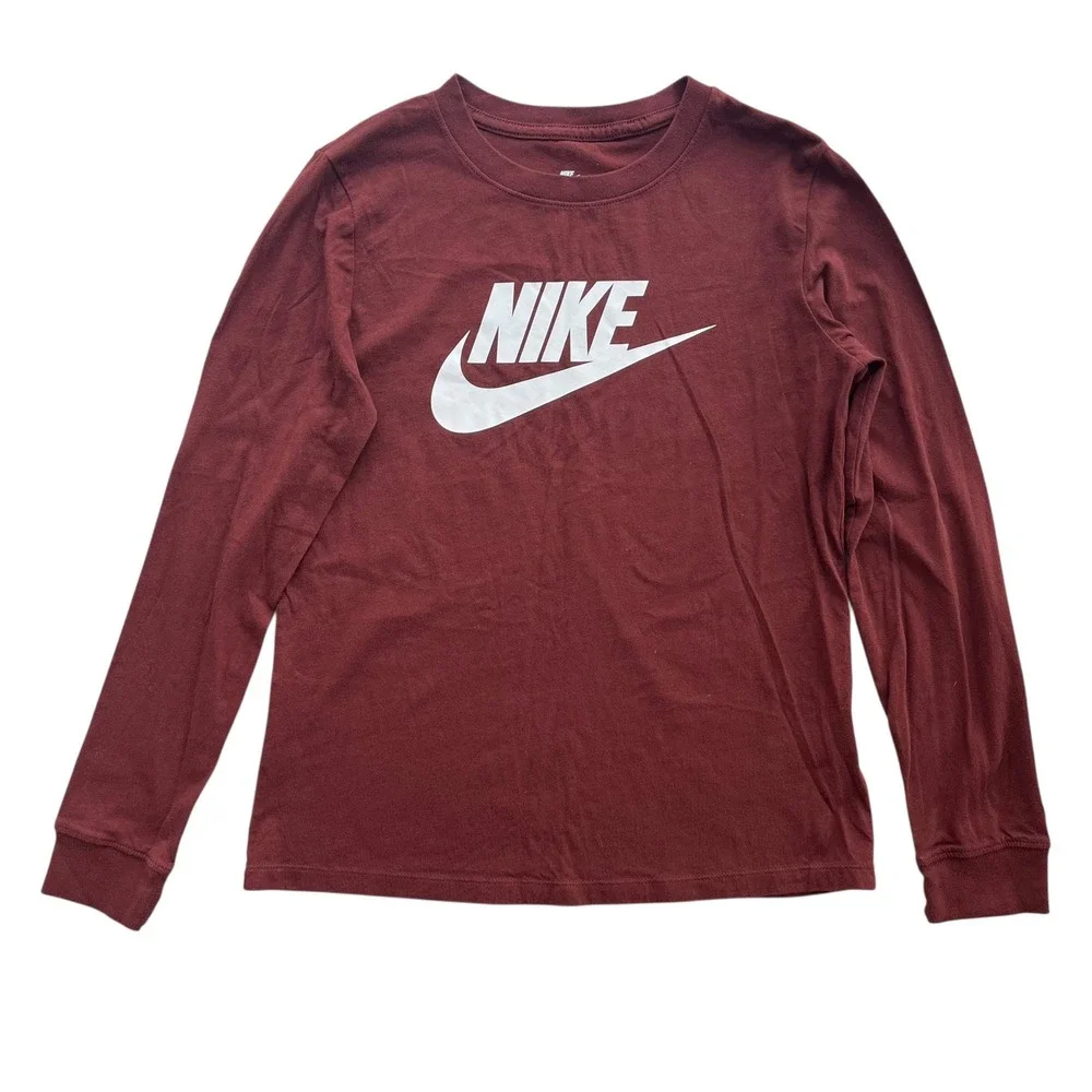Nike Women's Sm Brown White Graphic Logo Long Sleeve T-Shirt The Nike Tee Sporty